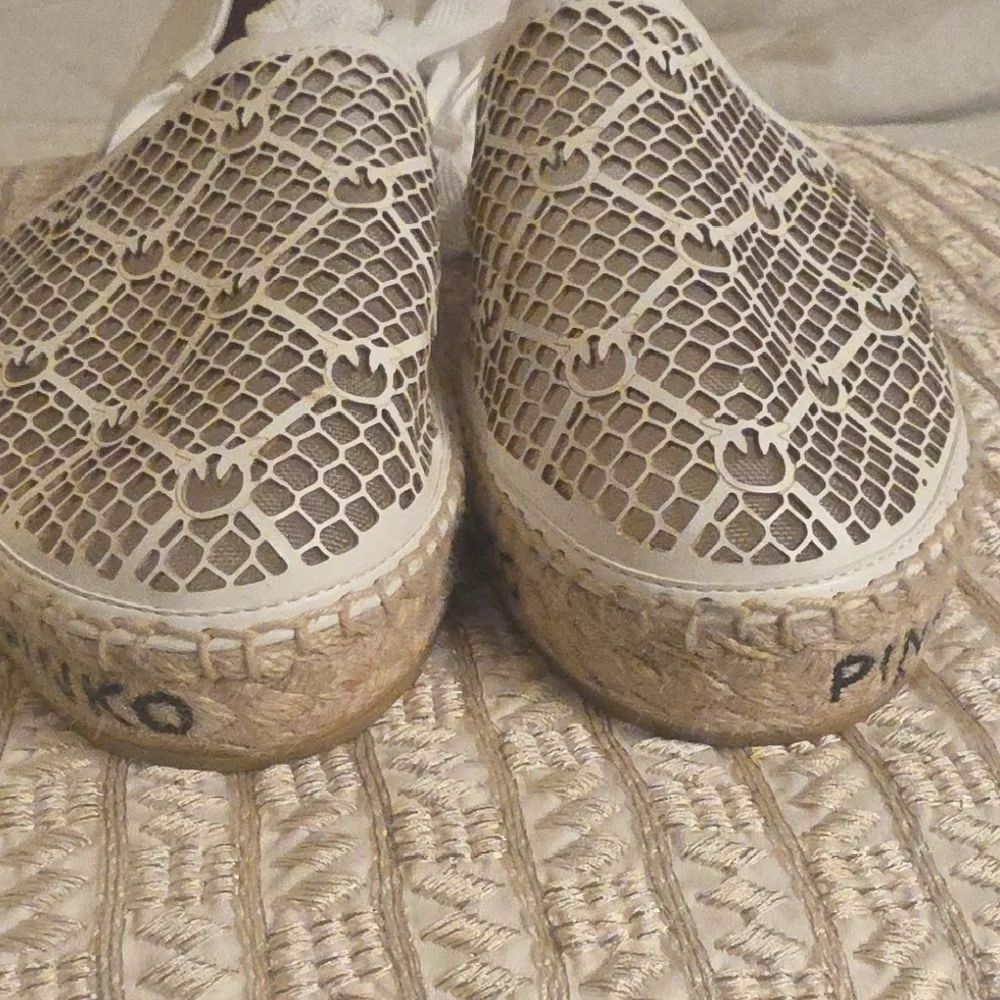 Pinko White Lace Espadrille with Jute Logo Sole and Ankle Ribbon